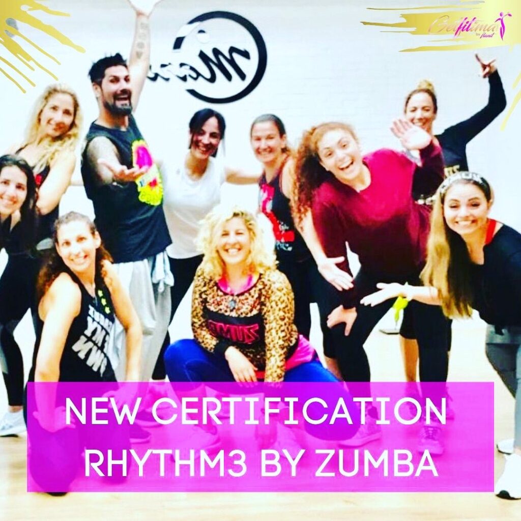 Graphics for the new certification rhythm3 by zumba with a lot of happy people in background