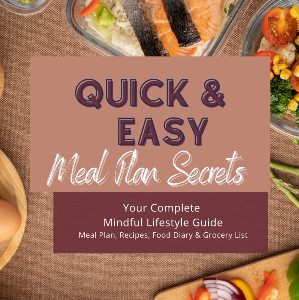 brown graphic for a lifestyle guide with the inscription "Quick and easy meal plan secrets".